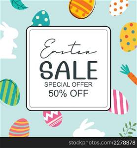 Easter sale banner design template with colorful eggs and flowers. Use for social media, advertising, flyers, posters, brochure, voucher discount.