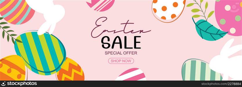 Easter sale banner design template with colorful eggs and flowers. Use for cover, advertising, flyers, posters, brochure, voucher discount.