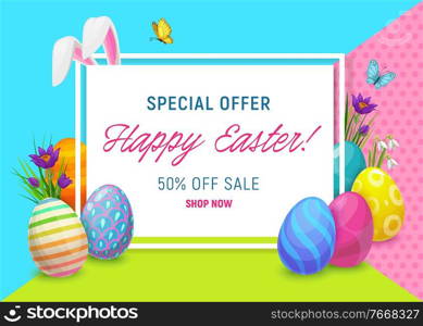 Easter sale offer poster with vector eggs and bunny or rabbit ears, spring flowers and green grass blades, butterflies, crocuses and lily of the valley, religion holiday special discount price promo. Easter sale offer poster with eggs and bunny