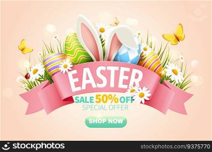 Easter sale popup ads with bunny’s ear and Easter eggs in grass on pink background. Easter sale popup ads