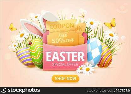Easter sale popup ads with coupon in pink envelope and Easter eggs in grass. Easter sale popup ads
