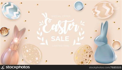 Easter sale poster template with 3d realistic Easter eggs and paint. Template for advertising, poster, flyer, greeting card. Vector Illustration. Easter sale poster template with 3d realistic Easter eggs and paint. Template for advertising, poster, flyer, greeting card. Vector Illustration EPS10