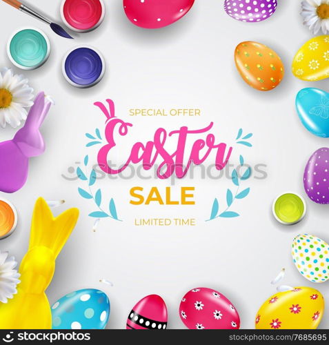Easter sale poster template with 3d realistic Easter eggs and paint. Template for advertising, poster, flyer, greeting card. Vector Illustration.. Easter sale poster template with 3d realistic Easter eggs and paint. Template for advertising, poster, flyer, greeting card. Vector Illustration EPS10