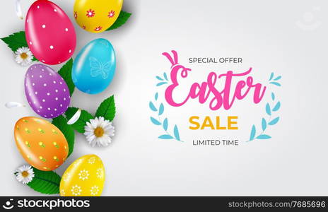 Easter sale poster template with 3d realistic Easter eggs and paint. Template for advertising, poster, flyer, greeting card. Vector Illustration. Easter sale poster template with 3d realistic Easter eggs and paint. Template for advertising, poster, flyer, greeting card. Vector Illustration EPS10