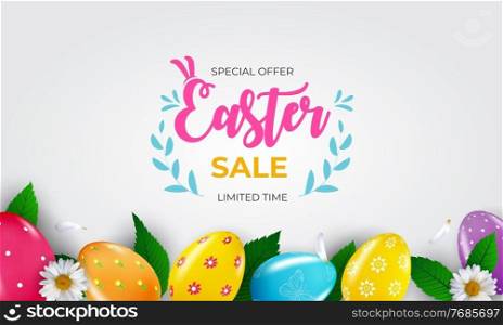 Easter sale poster template with 3d realistic Easter eggs and paint. Template for advertising, poster, flyer, greeting card. Vector Illustration. Easter sale poster template with 3d realistic Easter eggs and paint. Template for advertising, poster, flyer, greeting card. Vector Illustration EPS10