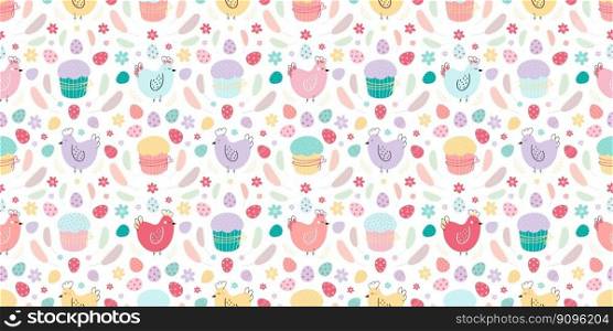 Easter seamless background. A pattern with chickens decorated with eggs, cakes, and feather. Easter seamless pattern. Background with chickens ,eggs, cakes