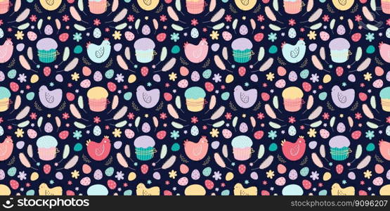 Easter seamless background. A pattern with chickens decorated with eggs, cakes, and feather. Easter seamless pattern. Background with chickens ,eggs, cakes