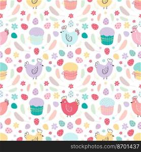 Easter seamless pattern. A pattern with chickens decorated with eggs, cakes, and feathers. Design for textiles, packaging, wrappers, web, printing. Vector flat illustration. Easter pattern. A pattern with with eggs, cakes