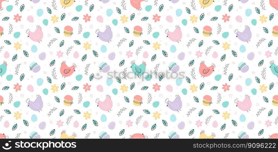 Easter seamless pattern. Chicken , Easter eggs, willow background. Easter seamless pattern. Background with Chicken , Easter eggs, willow