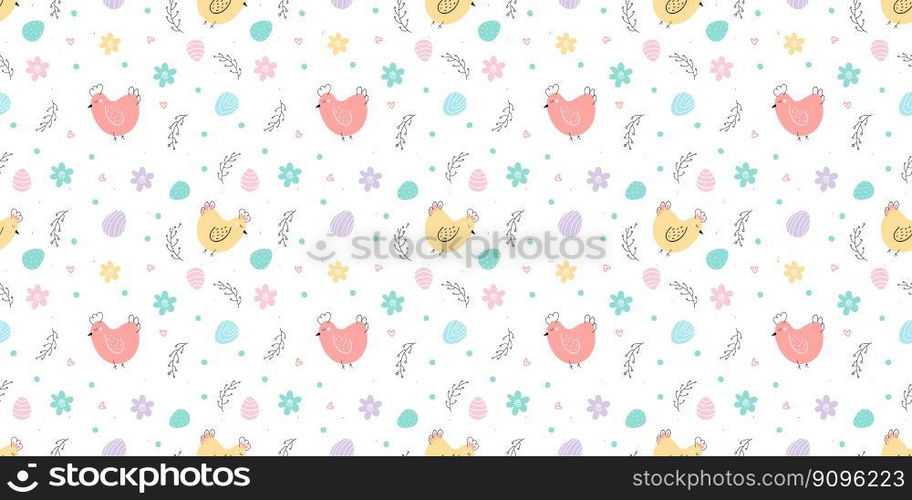 Easter seamless pattern. Chicken , Easter eggs, willow background. Easter seamless pattern. Background with Chicken , Easter eggs, willow