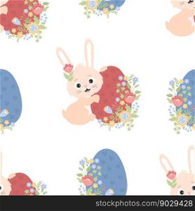 Easter seamless pattern. Cute Bunny with Easter egg and flowers on white background. Vector illustration in flat cartoon style. For holiday decor, packaging, wallpapers, prints and textiles