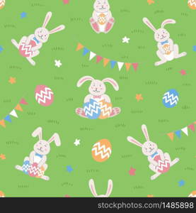 Easter seamless pattern. Easter cartoon bunnies and eggs on green background. Flat style vector illustration.. Easter seamless pattern. Easter cartoon bunnies and eggs on green background. Flat style vector illustration