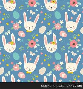 Easter seamless pattern in cartoon style. Colorful childish drawing with simple rabbits, butterfly, Easter eggs and flowers. Creative baby texture for fabric, paper. Vector illustration.. Easter seamless pattern in cartoon style. Colorful childish drawing with simple rabbits, butterfly, Easter eggs and flowers.