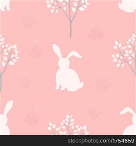 Easter seamless pattern with bunnies in the garden on sweet pink background,vector illustration