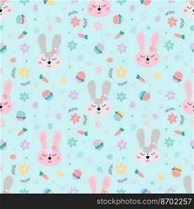 Easter seamless pattern with bunny, cakes, eggs, willow. Cute Easter bunnies pattern. Hand-drawn flat vector illustration.. Easter pattern with bunny, cakes, eggs, willow