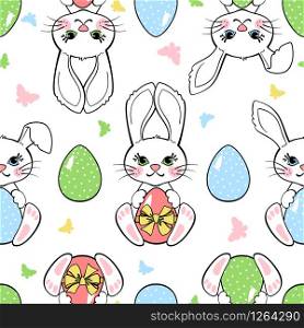 Easter seamless pattern with bunny, egg and butterfly isolated on white background. Design element for textile, fabric, wrapping or wallpaper.. Easter seamless pattern with bunny, egg and butterfly.