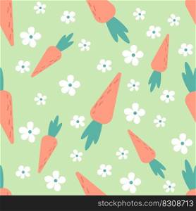 Easter seamless pattern with carrots and daisy. Cute hand drawn beautiful background, great for easter wrapping paper, banner, textile, wallpaper. Vector illustration