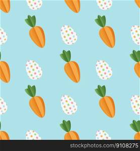 Easter seamless pattern with carrots and eggs. Blue background. Vector design.