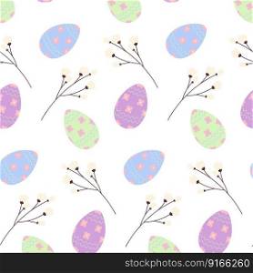 Easter seamless pattern with colorful Easter eggs and twigs in trendy hues. Happy Easter. Springtime. Design for greeting or invitation cards, wrapping paper, poster, price tag or label, booklet. EPS