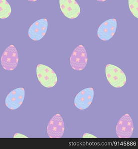 Easter seamless pattern with colorful patterned Easter eggs in trendy hues. Happy Easter. Springtime. Design for wrapping paper, poster, cards, greeting or invitation, price tag or label, booklet. EPS