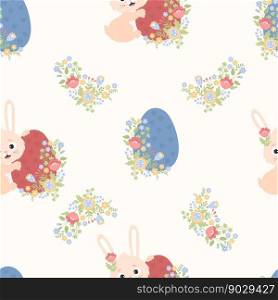 Easter seamless pattern with cute rabbit and Easter egg with flowers. Vector illustration For holiday decor, packaging, wallpapers, prints and textiles