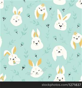 Easter seamless pattern with cute smiling rabbits. Vector illustration for greetings, wrapping paper, fabric, decoration, holiday cards. Easter seamless pattern with cute smiling rabbits