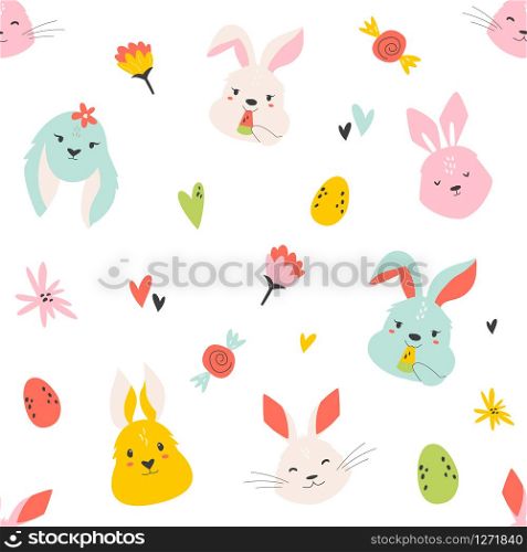 Easter seamless pattern with cute smiling rabbits. Vector illustration for greetings, wrapping paper, fabric, decoration, holiday cards. Easter seamless pattern with cute smiling rabbits