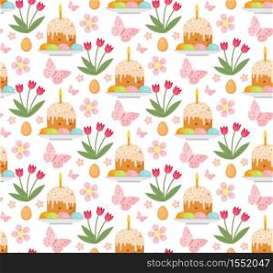 Easter seamless pattern with Easter cake, eggs and tulips. Endless Spring background, texture, digital paper. Vector illustration. Easter seamless pattern with cake, eggs and tulips. Endless Spring background, texture, digital paper. Vector illustration.