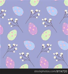Easter seamless pattern with Easter eggs and twigs in trendy shades. Happy Easter. Springtime. Design for wrapping paper, poster, postcard, greeting or invitation, price tag or label. Lifestyle. EPS