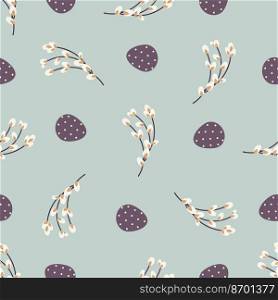  Easter seamless pattern with eggs and willow twigs. Festive Easter background. Design for Easter, textile, paper, printing.  Easter pattern with eggs and willow twigs. 