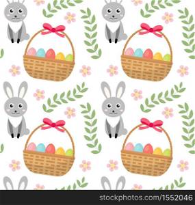 Easter seamless pattern with eggs basket and rabbit. Endless Spring background, texture, digital paper. Vector illustration. Easter seamless pattern with eggs basket and rabbit. Endless Spring background, texture, digital paper. Vector illustration.