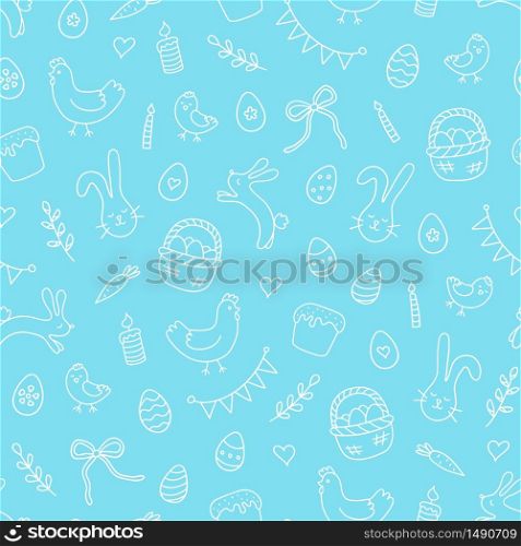 Easter seamless pattern with eggs, rabbits, hens, chicken and other symbol of the great religious holiday. Hand drawn vector illustration in doodle style. Easter seamless pattern with eggs, rabbits, hens, chicken and other symbol of the great religious holiday. Hand drawn vector illustration