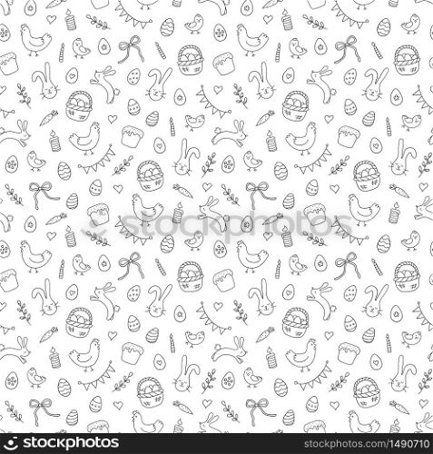 Easter seamless pattern with eggs, rabbits, hens, chicken and other symbol of the great religious holiday. Vector illustration in doodle style on white background. Hand drawn. Easter seamless pattern with eggs, rabbits, hens, chicken and other symbol of the great religious holiday. Vector illustration in doodle style on white background.
