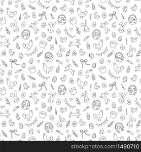Easter seamless pattern with eggs, rabbits, hens, chicken and other symbol of the great religious holiday. Vector illustration in doodle style on white background. Hand drawn. Easter seamless pattern with eggs, rabbits, hens, chicken and other symbol of the great religious holiday. Vector illustration in doodle style on white background.