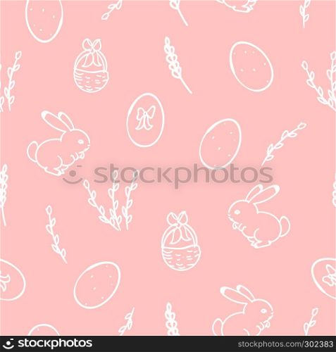 Easter seamless pattern with eggs, rabbits, pussy willows and basket, made in doodle style on trendy coral pink background. Vector design.
