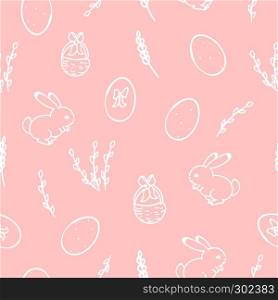 Easter seamless pattern with eggs, rabbits, pussy willows and basket, made in doodle style on trendy coral pink background. Vector design.