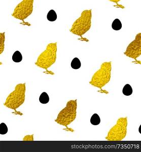 Easter seamless pattern with golden chicken and eggs. Vector illustration. Decorative festive background