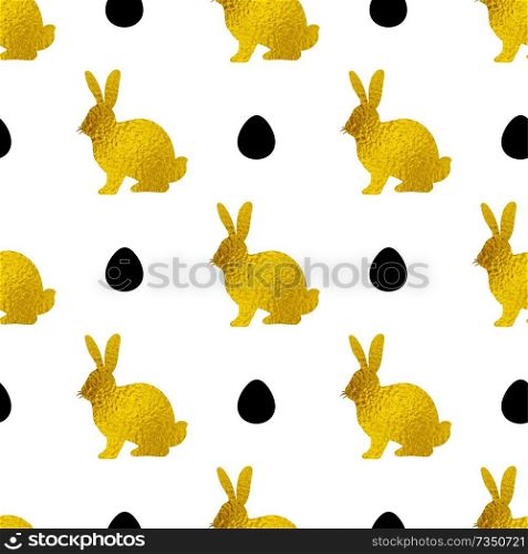 Easter seamless pattern with golden rabbits and eggs on a white background. Vector illustration.