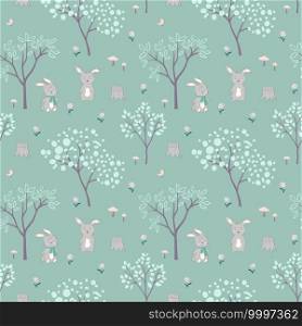 Easter seamless pattern with hand drawn cute bunnies happy on green background,vector illustration
