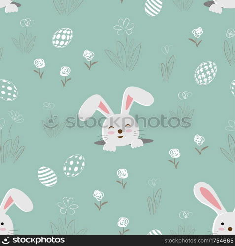 Easter seamless pattern with happy bunnies and easter eggs on spring garden,vector illustration