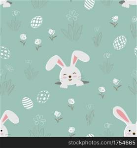 Easter seamless pattern with happy bunnies and easter eggs on spring garden,vector illustration