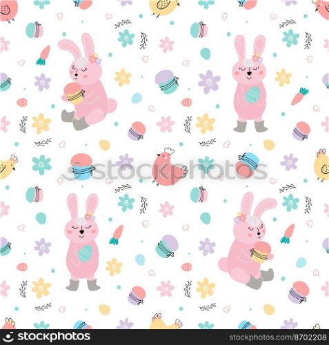 Easter seamless pattern with pink rabbits, cakes, eggs, chicken. Easter bunnies decorate Easter cakes and steal eggs.hand drawn vector illustration. Easter background. Easter pattern with rabbits, cakes, eggs, chickens