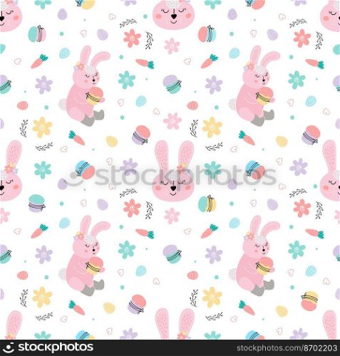 Easter seamless pattern with pink rabbits, cakes, eggs, willow. Easter bunnies decorate Easter cakes and steal eggs.hand drawn vector illustration. Easter background. Easter pattern with rabbits, cakes, eggs, willow