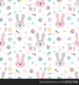 Easter seamless pattern with rabbits, cakes, eggs, willow. Cute Easter bunnies. . Easter pattern with rabbits, cakes, eggs, willow