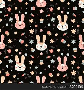 Easter seamless pattern with rabbits, cakes, eggs, willow. Cute Easter bunnies on a dark background. Hand-drawn flat vector illustration.. Easter pattern with rabbits, cakes, eggs, willow