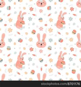 Easter seamless pattern with rabbits, cakes, eggs, willow. Cute Easter bunnies pattern. Hand-drawn flat vector illustration.. Easter pattern with rabbits, cakes, eggs, willow