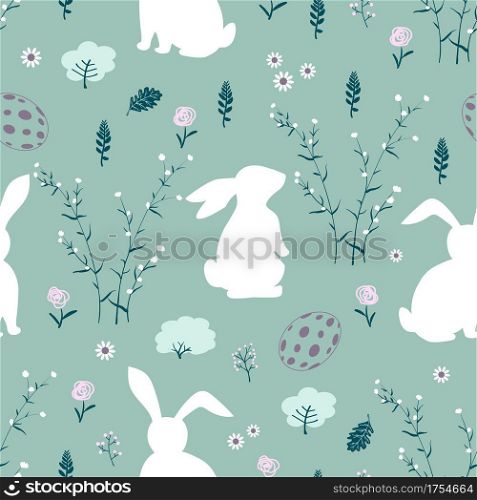 Easter seamless pattern with rabbits in the garden on green background,vector illustration