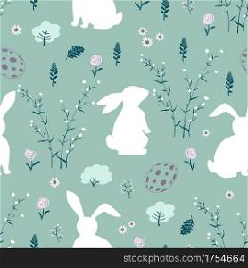 Easter seamless pattern with rabbits in the garden on green background,vector illustration