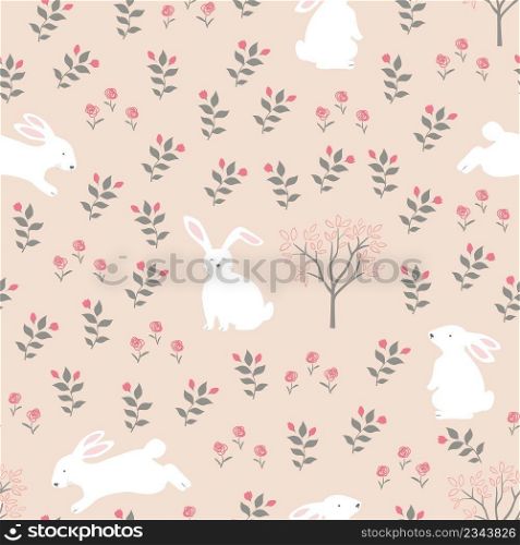 Easter seamless pattern with white rabbits on springtime,design for wallpaper,fashion,fabric,textile,kid product and all print,vector illustration
