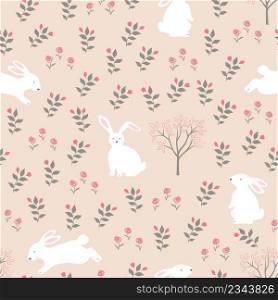 Easter seamless pattern with white rabbits on springtime,design for wallpaper,fashion,fabric,textile,kid product and all print,vector illustration